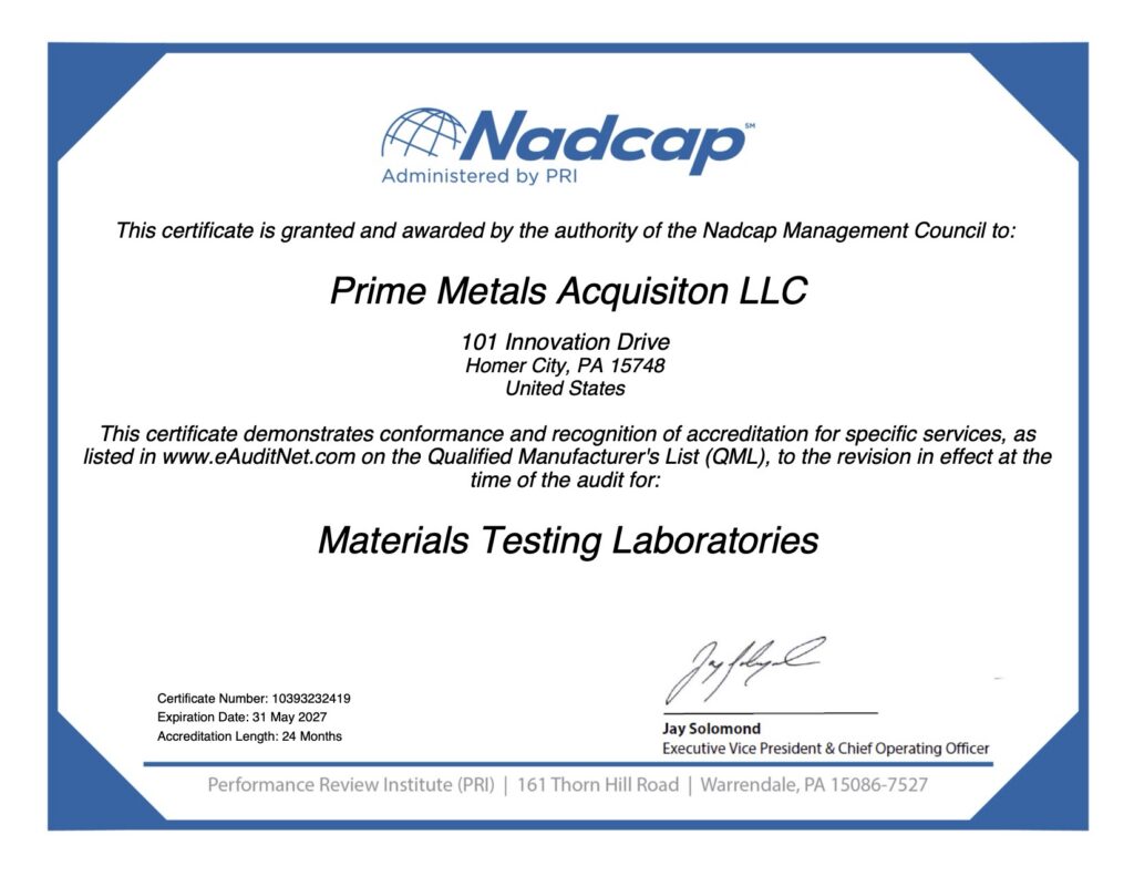 Nadcap Materials Testing Laboratories certificate - Prime Metals Acquisition LLC